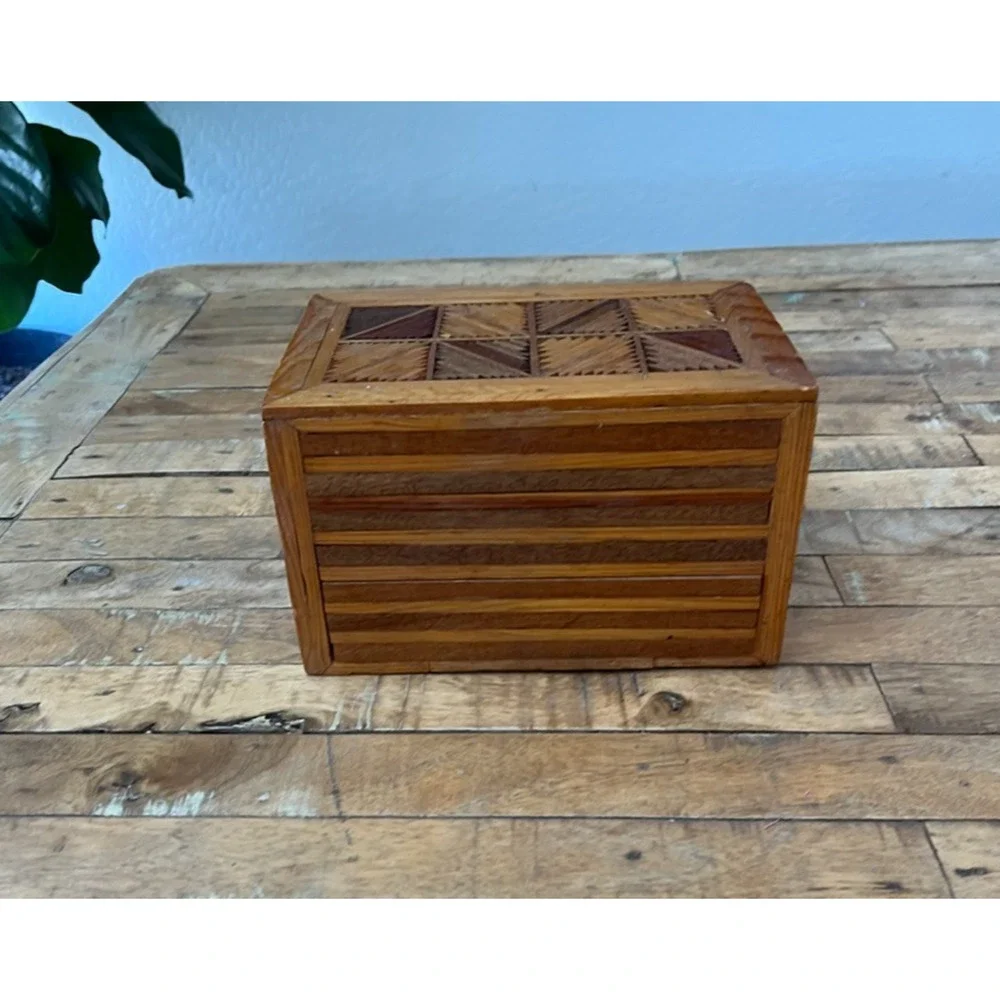 Handmade Vintage Jewelry Box Trinkets Folk Art Inlay Two Drawer Wooden 8.5